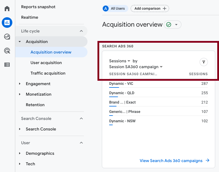 SA360 in GA4 acquisition overview report 35