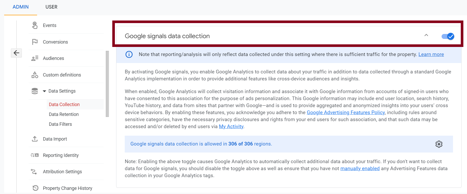 Screenshot of Data signals in GA4 83